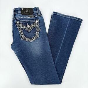 MISS ME Women’s Signature Boot 28 Low Rise Dark Denim Jewel Stud Bling Jeans